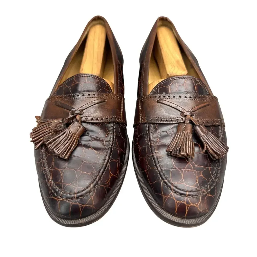 Johnston & Murphy Vintage Cellini Brown Italy Leather Croc Tassel Loafer Men 8.5